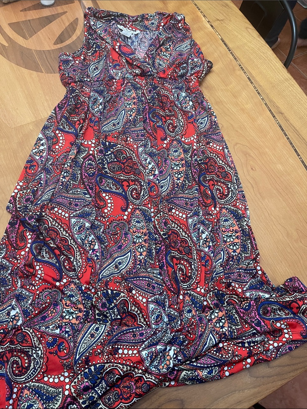 Sleeveless Red Paisley Maxi Dress with Navy & Purple Accents